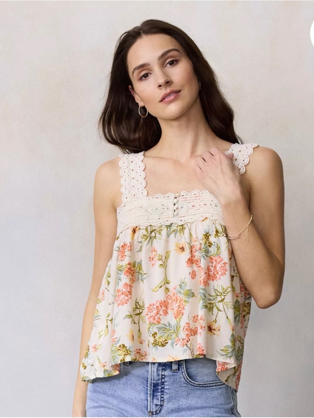 LC Lauren Conrad Cream Floral Tank with Crochet Trim NWOT